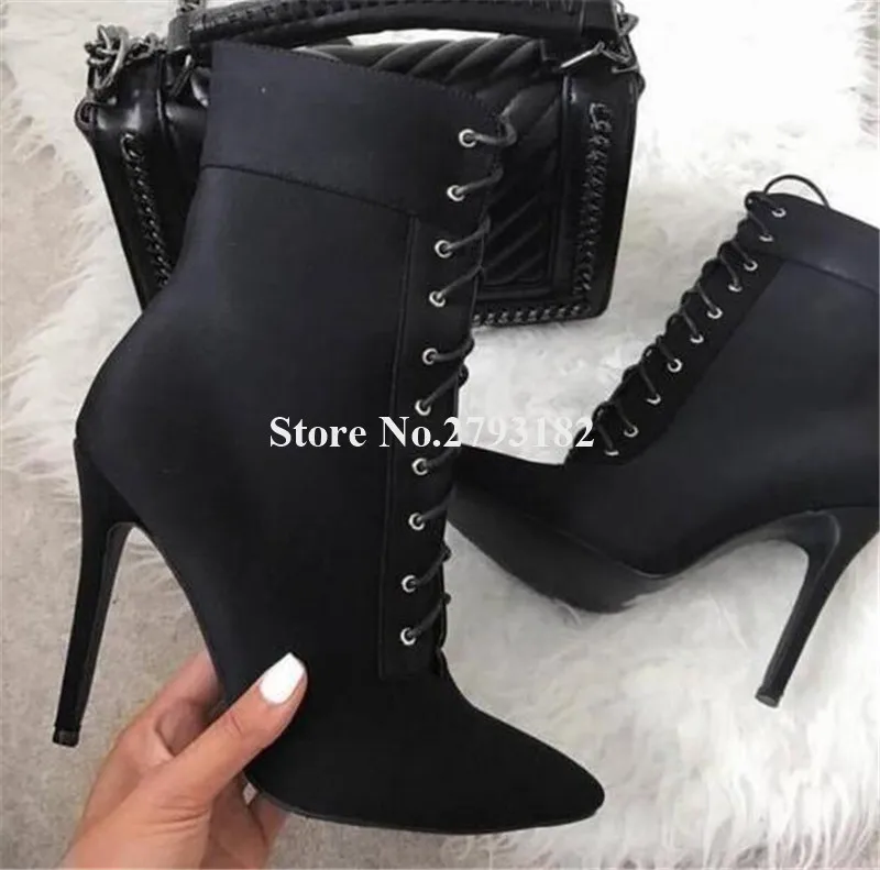 

Fashion Style Women Pointed Toe Suede Leather Stiletto Heel Short Boots Black Yellow Lace-up High Heel Ankle Booties Dress Heels