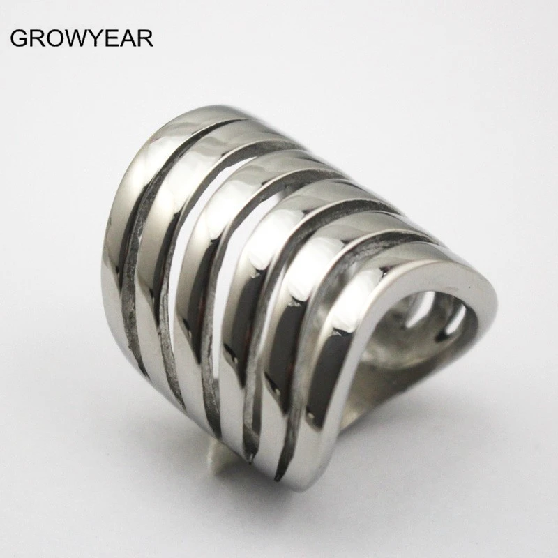 Wide Fashion Stainless Steel Stripe Finger Rings Silver Color Multilayer Ring For Women Size 6 7 8 9 5 7.5