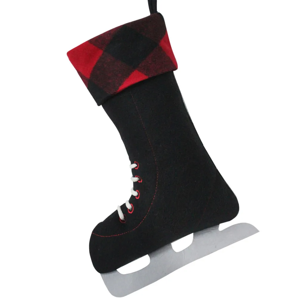 Free Shipping! 2 pcs/lot Black Ice Skate Tie Decoration Design Plaid fabric Cuff Christmas Stocking P2638