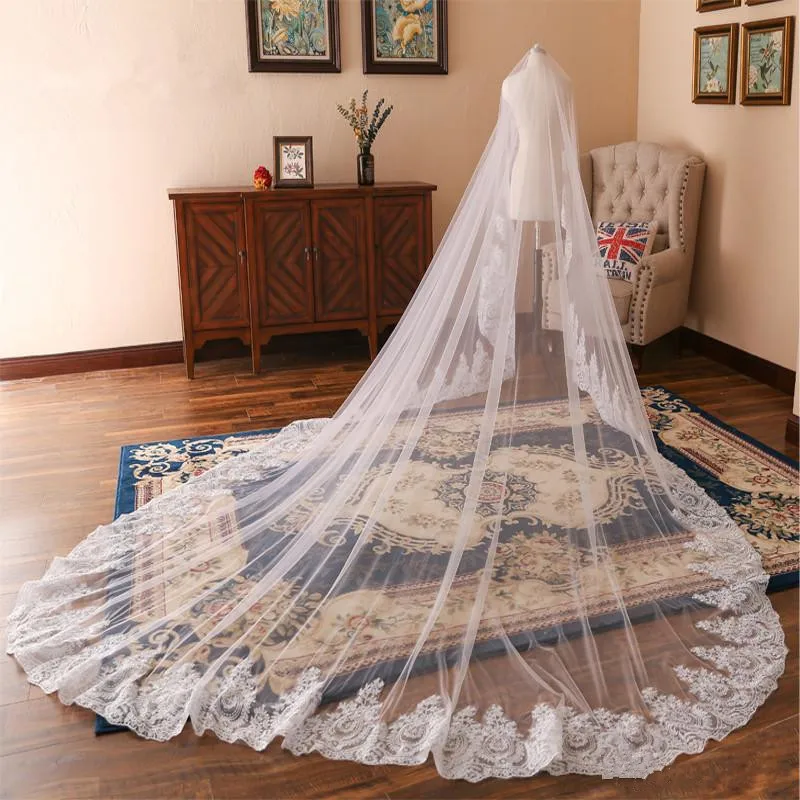 2019 Newest Bridal Veils Lace Cathedral Wedding Veils With Combs Custom Made One-Layer Appliques Pleats Bridal Veil