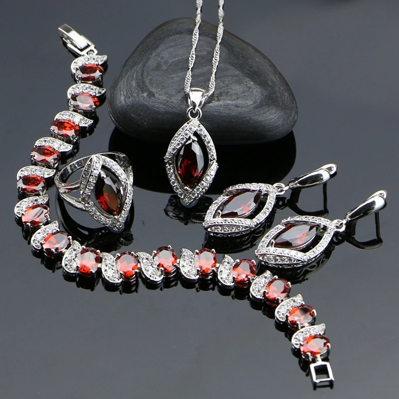 Lozenge 925 Sterling Silver Red CZ White Zircon Jewelry Sets For Women Gift Bracelet/Earrings/Pendant/Necklace/Ring