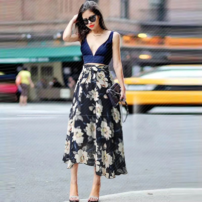 New Plus Size Women Chiffon Skirt Europe Fashion Bow Saia Midi Lining Jupe Femme Lace Up Falda Mujer Summer Print Floral Skirts