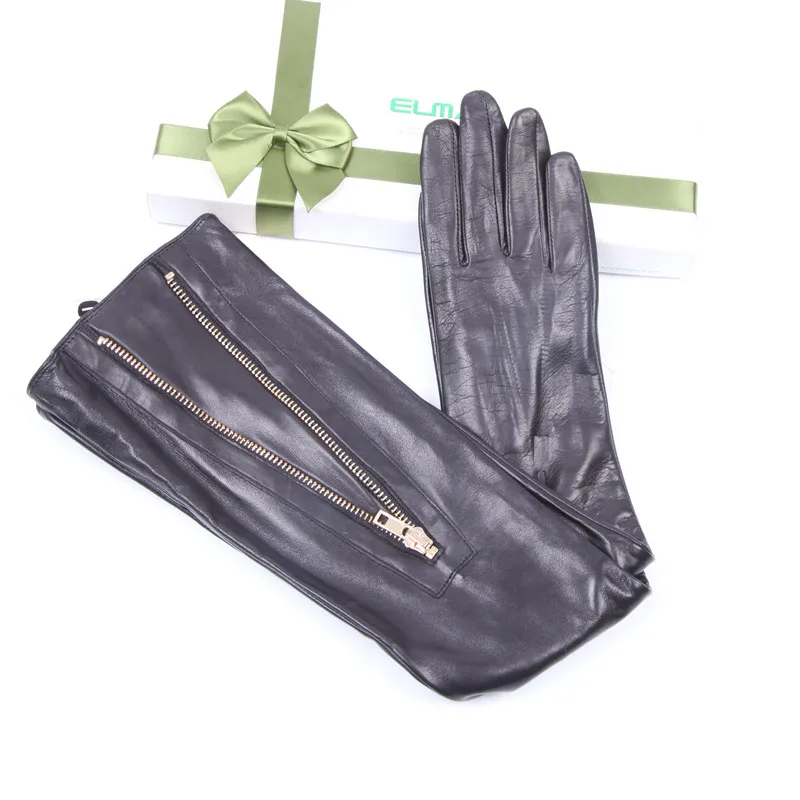 Woman\'s Real Leather Long Gloves Imported Sheepskin Thin Velvet Lined Metal Zipper High Quality Leather Gloves Female EL043NN