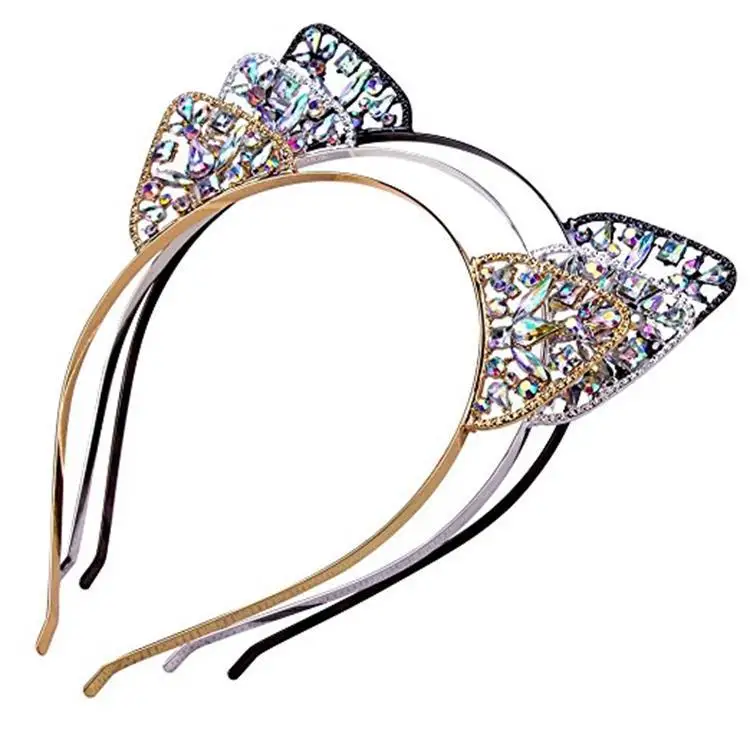 Novelty Cat Ears Headband Crystal Hairband Festival Hair Bezel Girls Crown Tiara Rhinestone Headdress