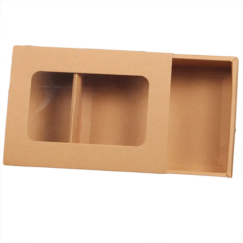 100pcs Kraft Drawer Box with PVC Window for Gift\Socks\Crafts\Jewelry\Underwear Packing Brown Paper Storage Boxes