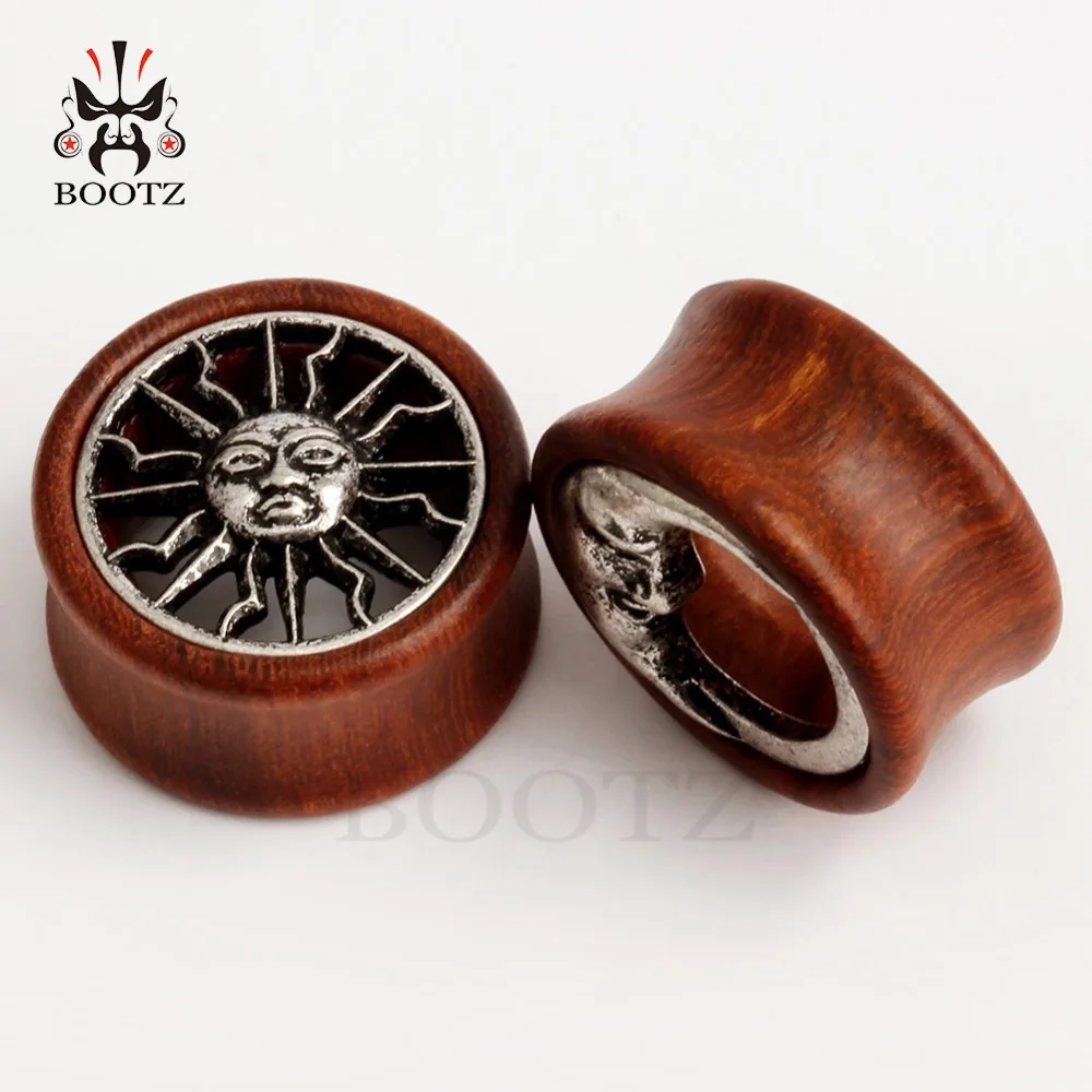 KUBOOZ 2PCS Asymmetric Wood Ear Piercing Tunnel Earrings Moon Sun Plugs Stretcher Fashion Body Jewelry Gauges Gift Women Men