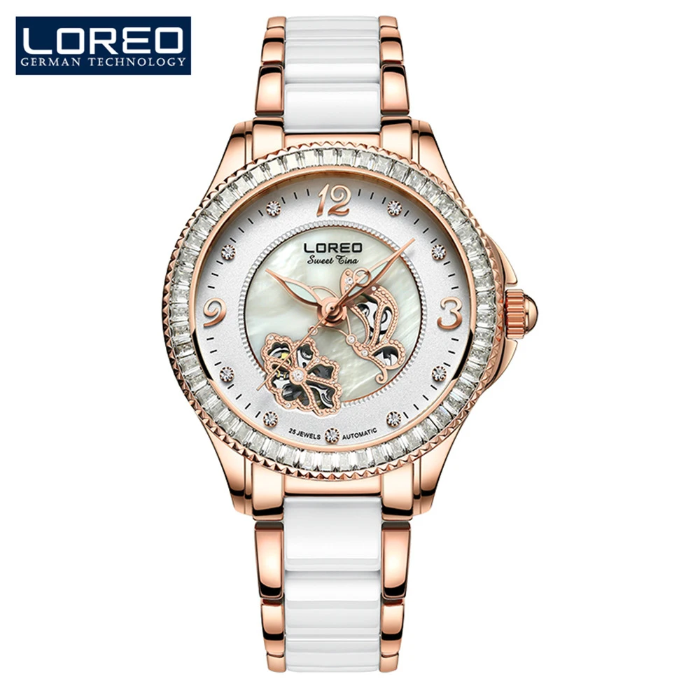 Waterproof 50M Women Luxury Rhinestone Ceramic Steel Automatic Mechanical Watches Ladies Business Watch LOREO Relogio Feminino