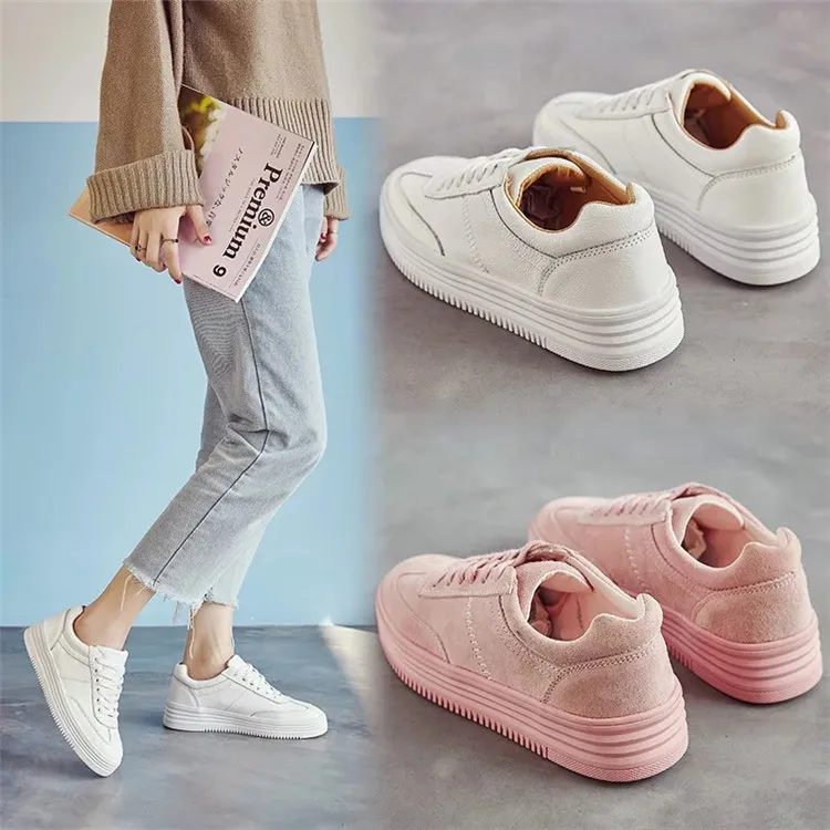 Sneakers Thick bottom Natural Leather Shoes Woman Female Increase Lace Breathable Sports Shoes Flat Pink White Shoes Women