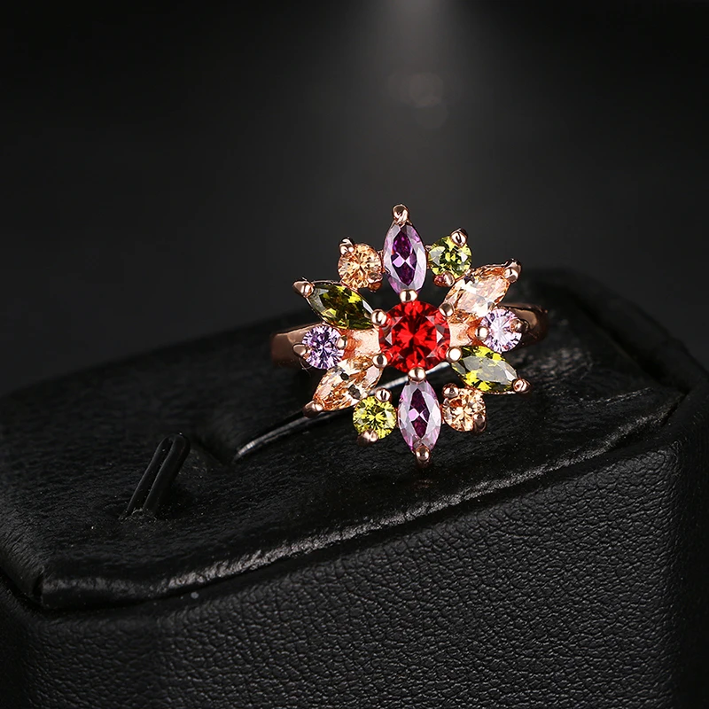 Emmaya Hot Sale Colorful Zircon Ring Gold Color Beautiful Flower Engagement Rings Jewelry Party Wedding Accessories