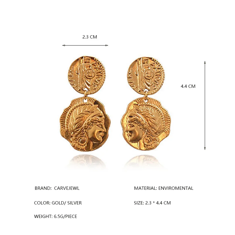 Carvejewl Vintage Ladies Queen Head Portrait Coin Earrings Women Party Round Disc Face Medal Gold Silver Color dangle earrings