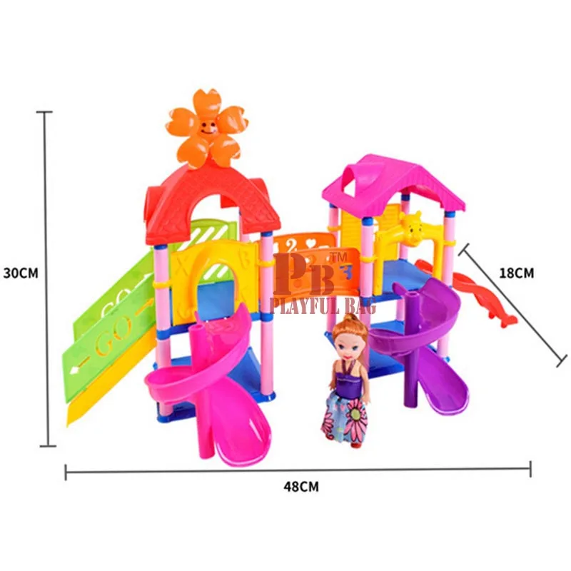 Children's assembly paradise theme blocks small dolls slide pink high-grade color box Building blocks toys