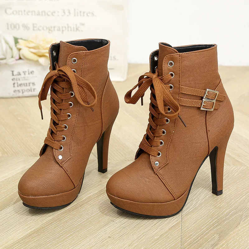 New fashion Women boots High Heels Lace Up Ankle Boots Female Zip Double Buckle Sexy Party Dress Pump Woman Platform Shoes