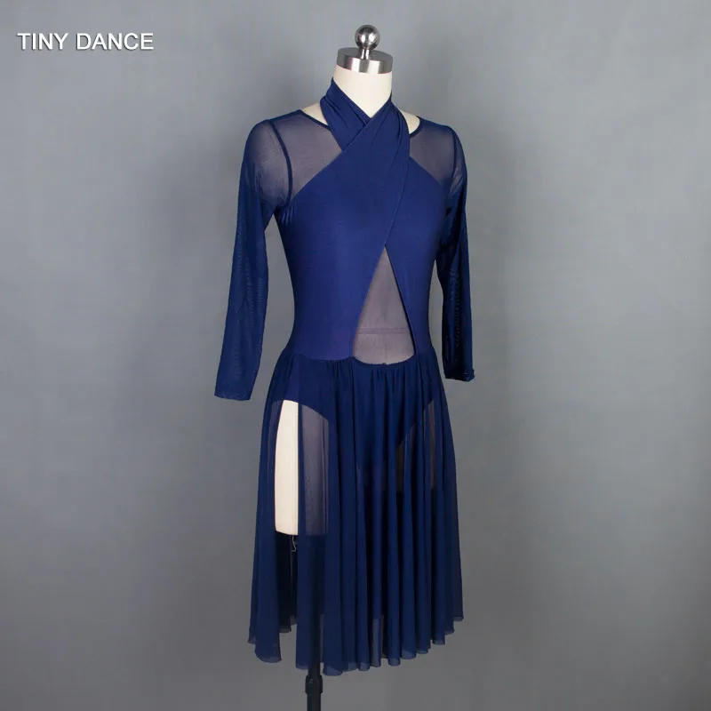 Child & Adult Navy Blue Long Sleeve Ballet, Lyrical and Contemporary Dance Costume Dress with Sexy Mesh Back 18709