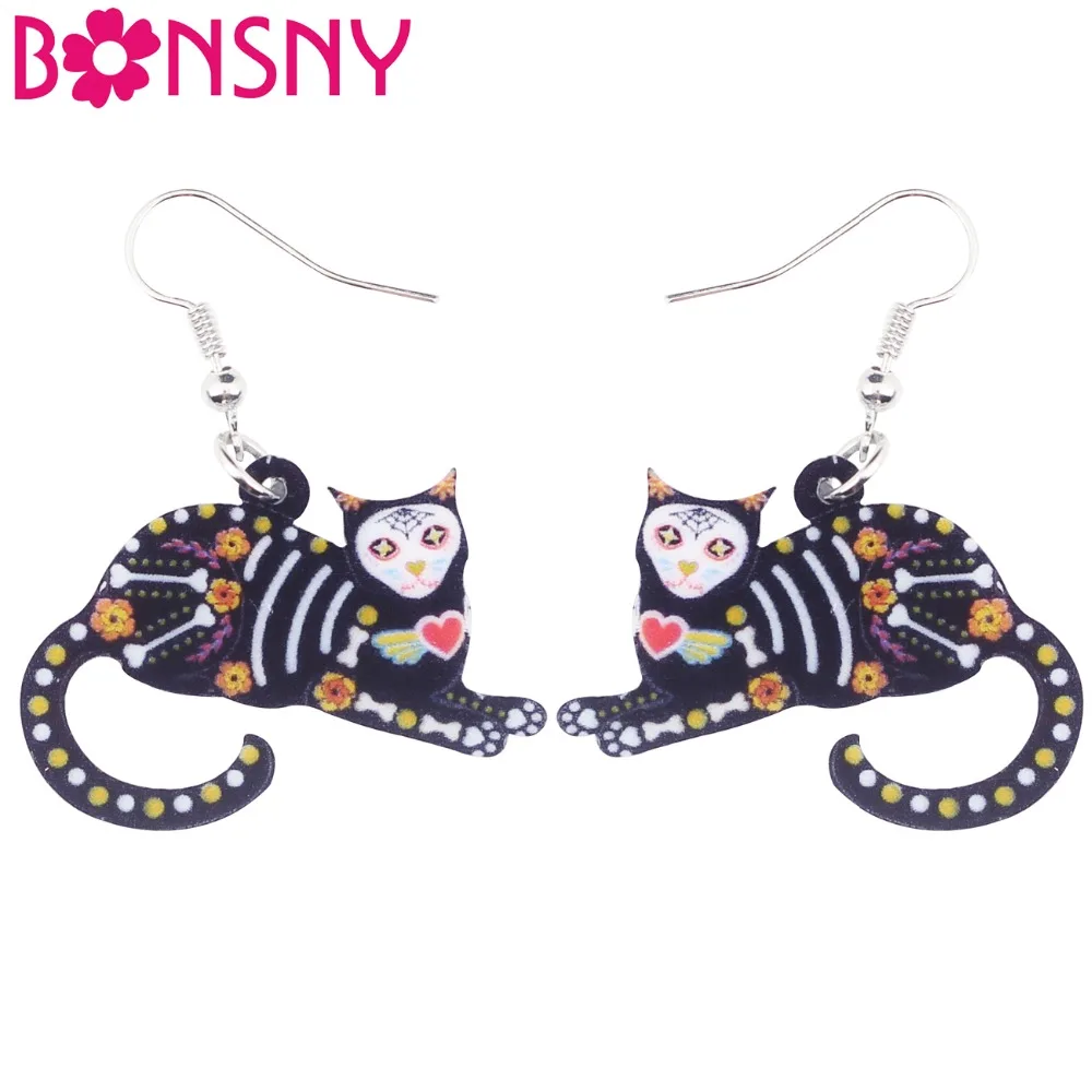 Bonsny Acrylic Halloween Theme Lovely Cat Kitten Earrings Big Long Drop Dangle Animal Cartoon Jewelry For Women Girl Teens Kids