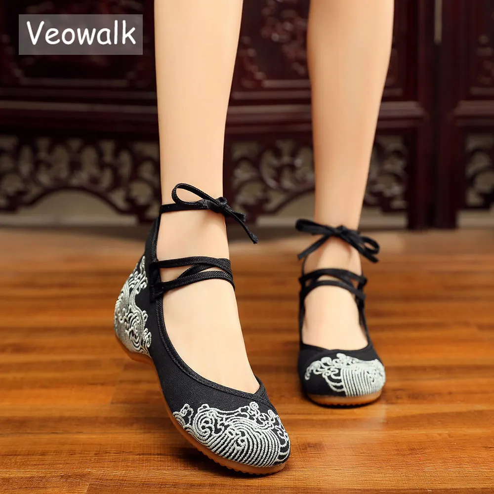 Veowalk Mid Top Women Canvas Embroidered Ballet Flats Ankle Strap Vintage Ladies Casual Walking Shoes Chinese Old Beijing Shoes