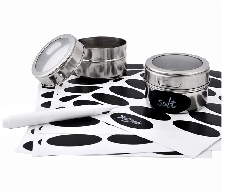 LMETJMA Magnetic Spice Jars Set With Spice Labels and Chalkboard Pen Stainless Steel Seasoning Pepper Spice Storage Jars Tins