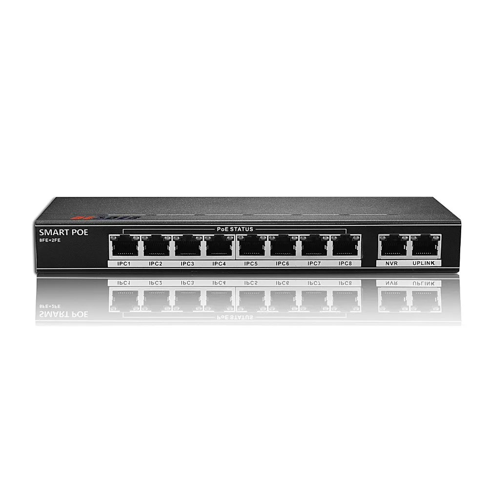 ANBIUX 802.3af/at 8CH POE Switch 10 Port 10/100 Mbps CCTV Switch 250 signal transmission 8 POE Ports 1 NVR+ 1 Uplink Port 123.2W