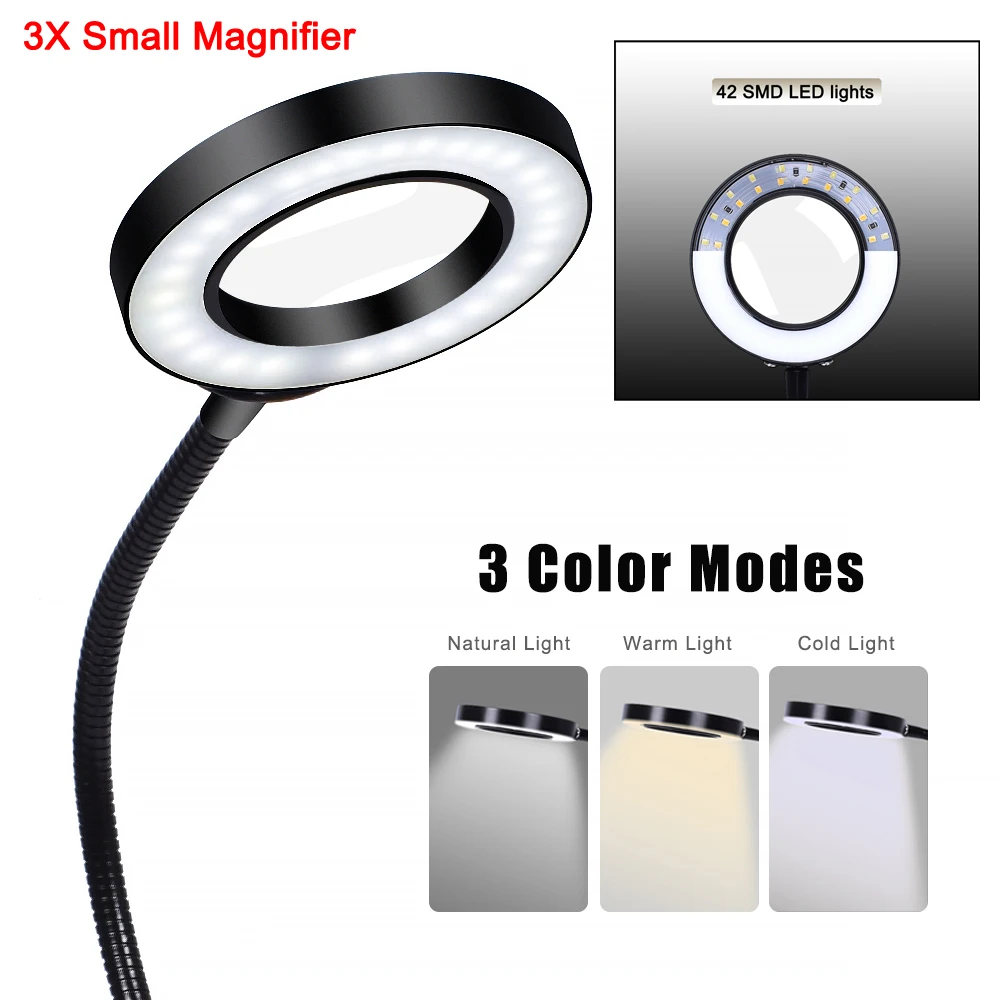 USB 3X LED Magnifying Glass Desk Lamp Magnetic Flexible Arm Illuminated Magnifier for Soldering Iron Repair Reading Workbench