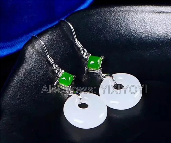 Beautiful 925 Sterling Silver Green White HeTian Jade Round Dangle Design Lucky Hook Earrings Girl's Charm Gift Fine Jewelry