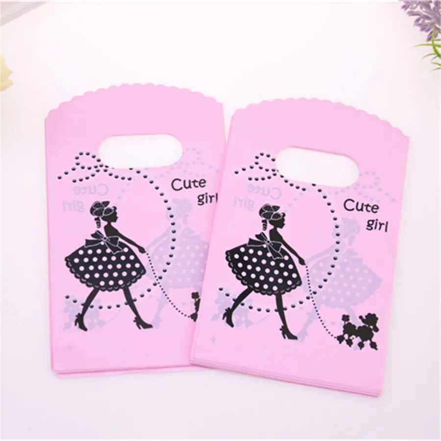 Hot Sale New Style Wholesale 50pcs/lot 9*15cm Pink Mini Plastic Shopping Bags With Cute Girl Birthday Gift Packaging Bags