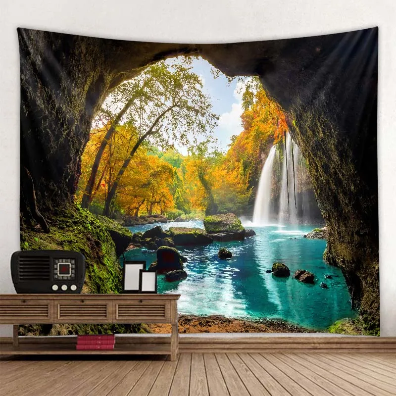 Beautiful Cave Waterfall Print Wall Hippie Tapestry Polyester Fabric Home Decor Wall Rug Carpets Hanging Big Couch Blanket