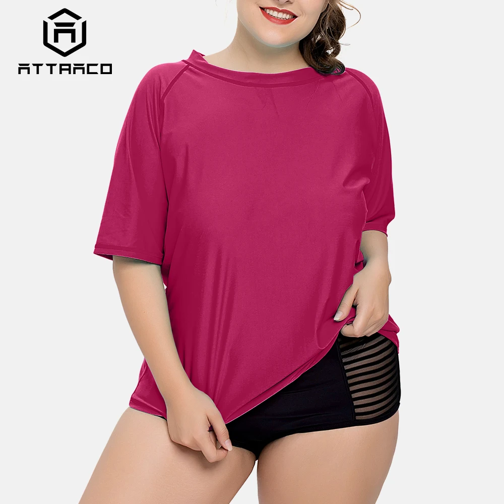 Attracko Rashguard strój kąpielowy damskie koszule z krótkim rękawem UPF 50 + stroje kąpielowe damskie Plus Size ochrona przed promieniowaniem UV