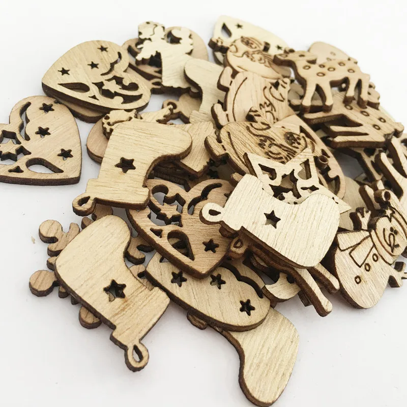 

50pcs Christmas Theme Mini Laser Cuts Wood Shapes for DIY, Christmas Hanging Decoration
