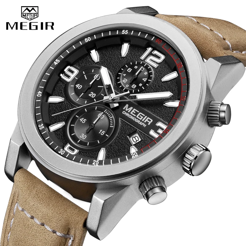 MEGIR Fashion Watch Top Brand Men Quartz Sport Chronograph Watches Mens Casual Waterproof Army Leather Clock Relogio Masculino