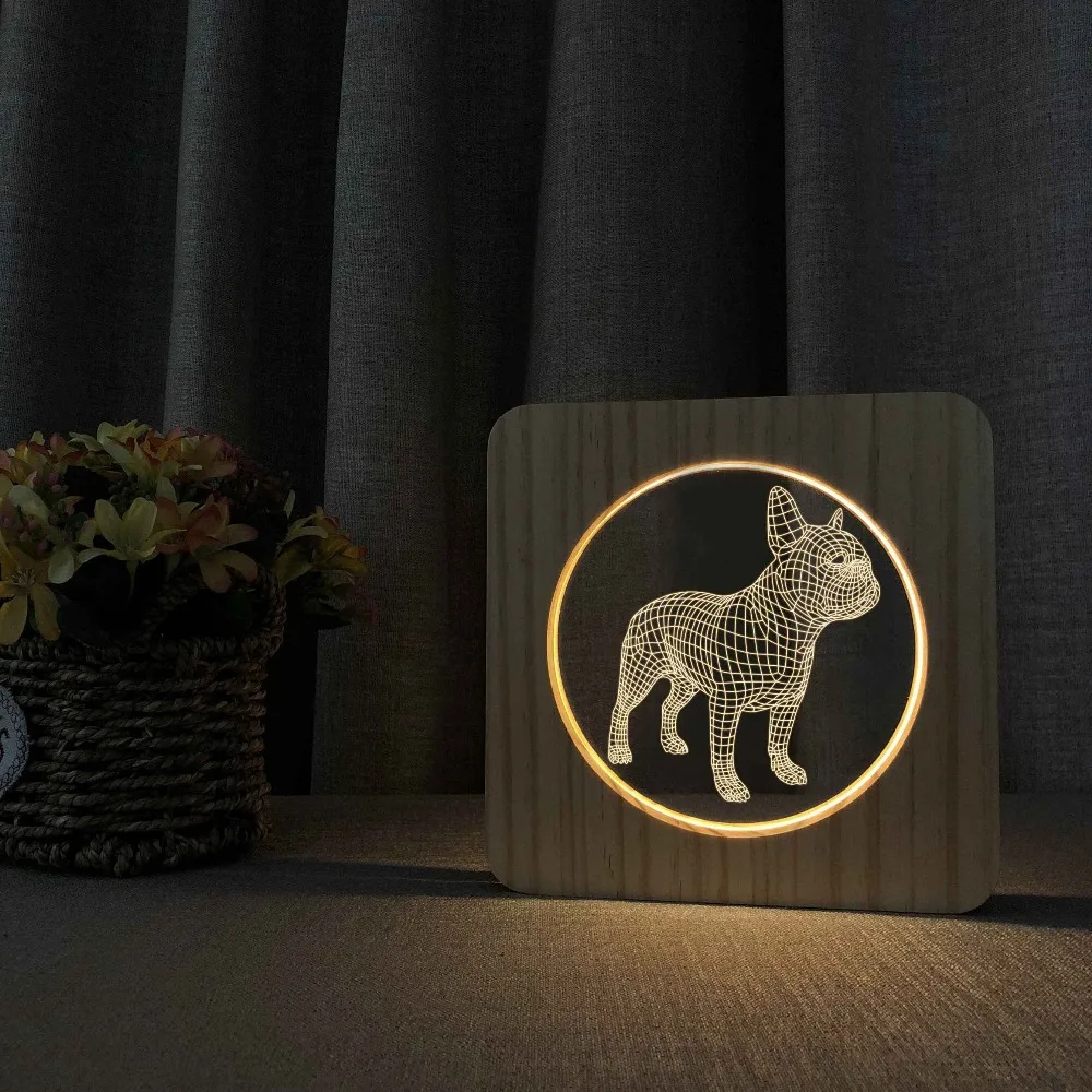 Wooden French Bulldog 3D LED Night 7 Colors USB Hologram Lamp Table Desk Light Baby Decor Decor Friend Toys Gifts Dropshipping