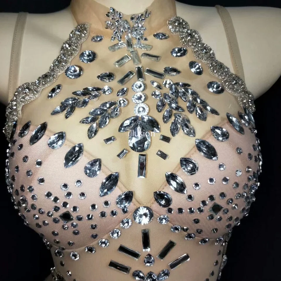 มุมมองเซ็กซี่คริสตัล Leotard หญิงนักร้องนักเต้น Rhinestones Bodysuit Dance เครื่องแต่งกายผู้หญิงพรรคชุดชั้นใน