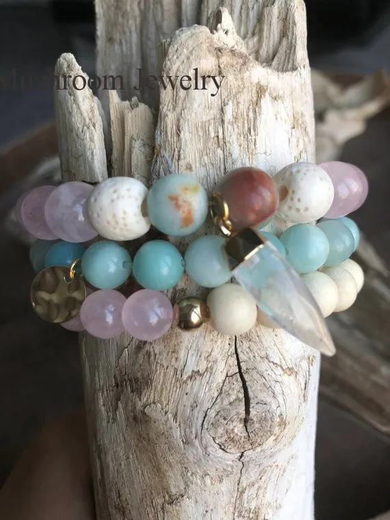 Gold Metal Bracelet River Stone Amazonite Rose Quartz Crystal Stretch Bracelet