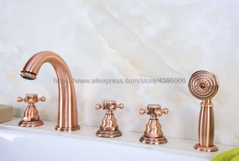 Bathtub Faucet Deck Mounted 5 Hole Tub Sink Mixer Taps Cross Handles Roman Tub Faucet with Handshower Btf239