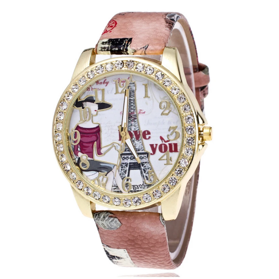 Shsby Brand Eiffel Tower Leather Strap WristWatches Ladies Rhinestone Quartz Watch Women dress Watches femme love Casual watch