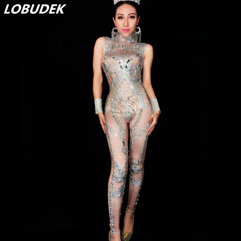 

Silver Rhinestones Sexy Nude Sleeveless Jumpsuit Women Birthday Prom Celebrate Party Outfit Celebrity Singer Nightclub Costume