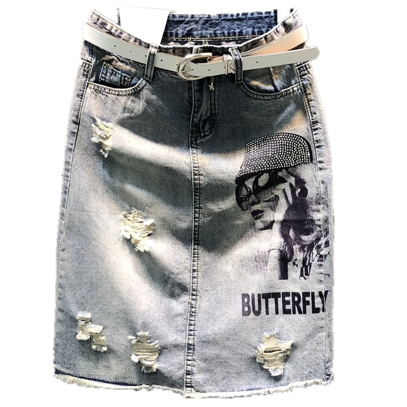 Denim skirt women summer new high waist heavy work hot drilling hole package hip jeans skirt