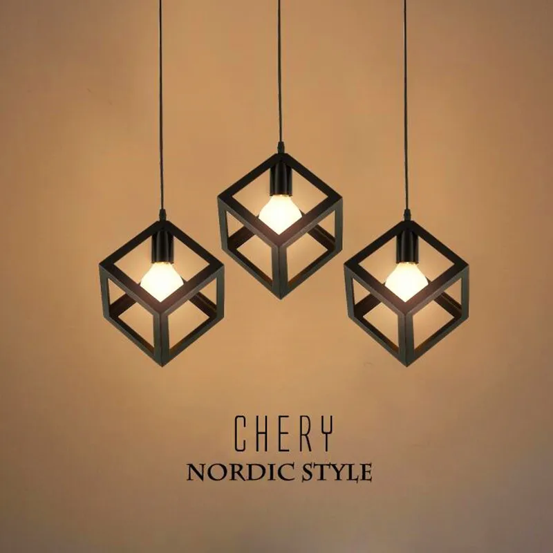 Free shipping New Nordic creative American style square Pendant Lamp Simple cube geometric iron Pendant light  E27 AC110-240V