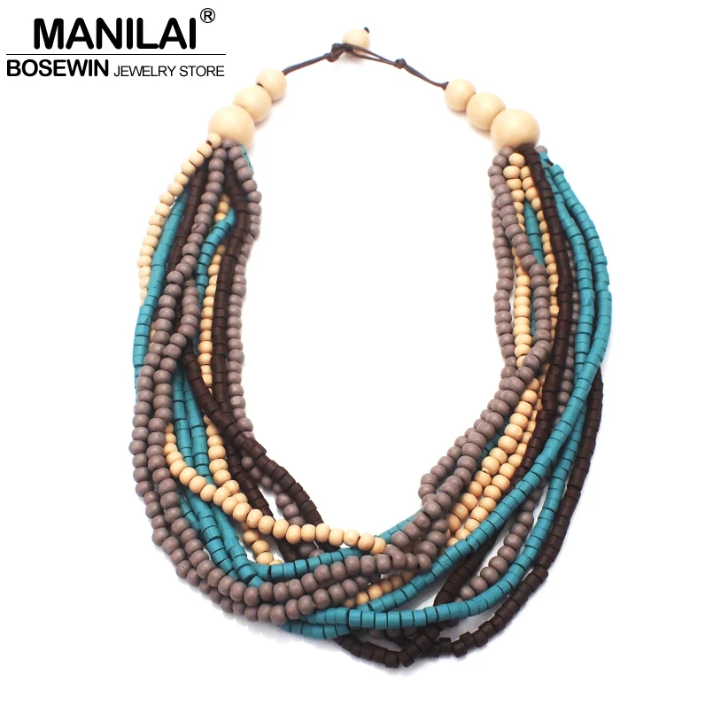 Bohemia Multilayer Wood Beaded Necklace Woman Fashion Handmade Multicolor Bead Statement Chokers Necklace Jewelry Wooden MANILA