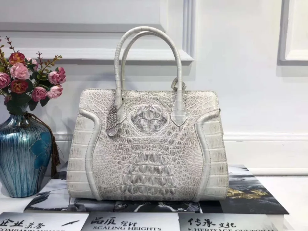 100% top quality genuine crocodile head skin leather women tote handbag medium size lady top handle daily tote bag green color