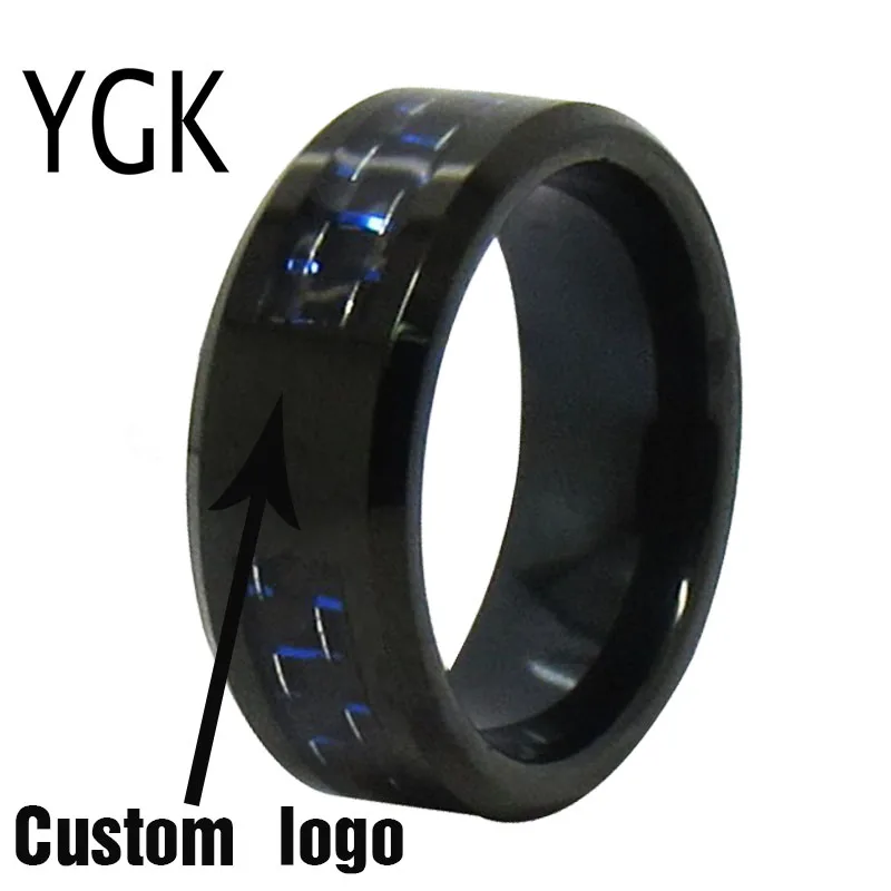 Women & Men's Wedding Anniversary Date Logos 8mm Black Bevel With Fiber Inlay Tungsten Ring