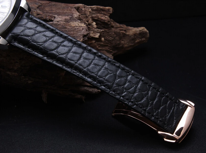 for flat interface watchbands High quality Crocodile Genuine Leather Watch Strap 20mm Black  Men Silver Deployment Buckle Clasp