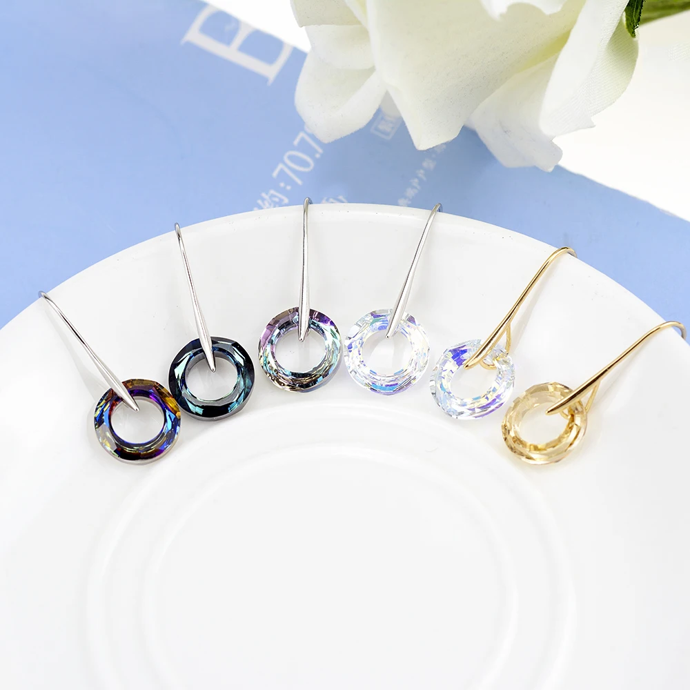 Fancy Stone Circle Jewelry Sets Crystals From Austria Silver Color Pendant Necklaces Piercing Dangle Earrings For Women Wedding