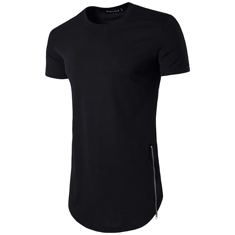 Summer Double Zipper Long Round Neck with Curved Hem Short Sleeved T-Shirt for Men