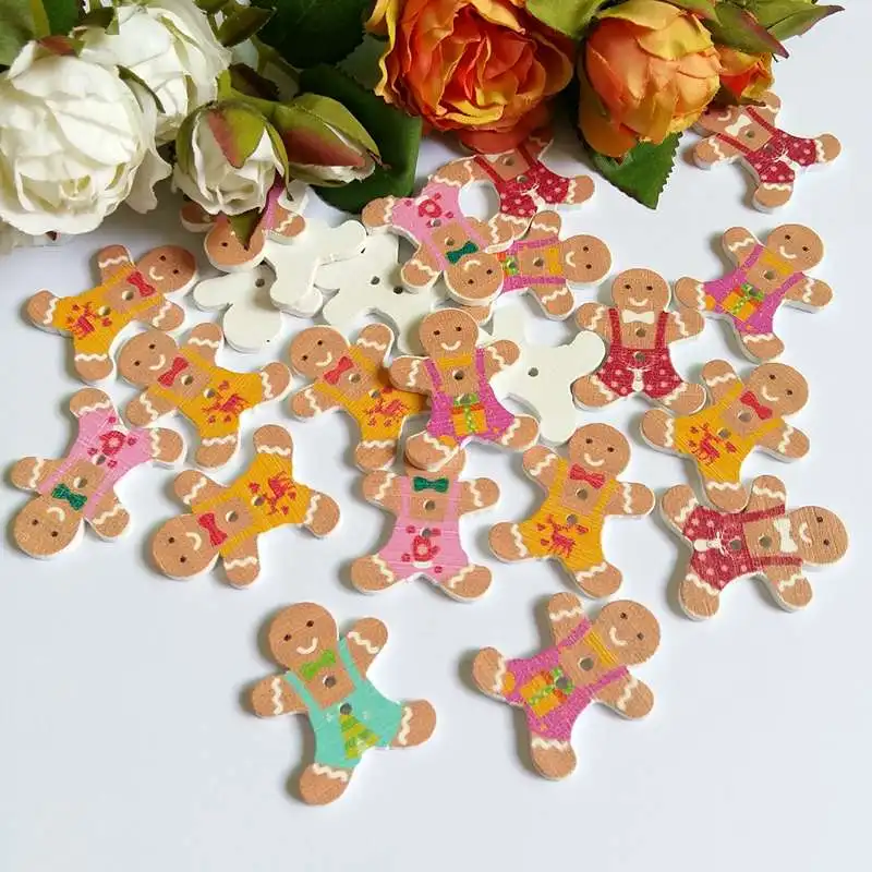 40pcs 2 Holes Gingerbread Man Christmas Button Decorative for Craft Sewing Wood Button For Clothing Kid Clothes Decoration