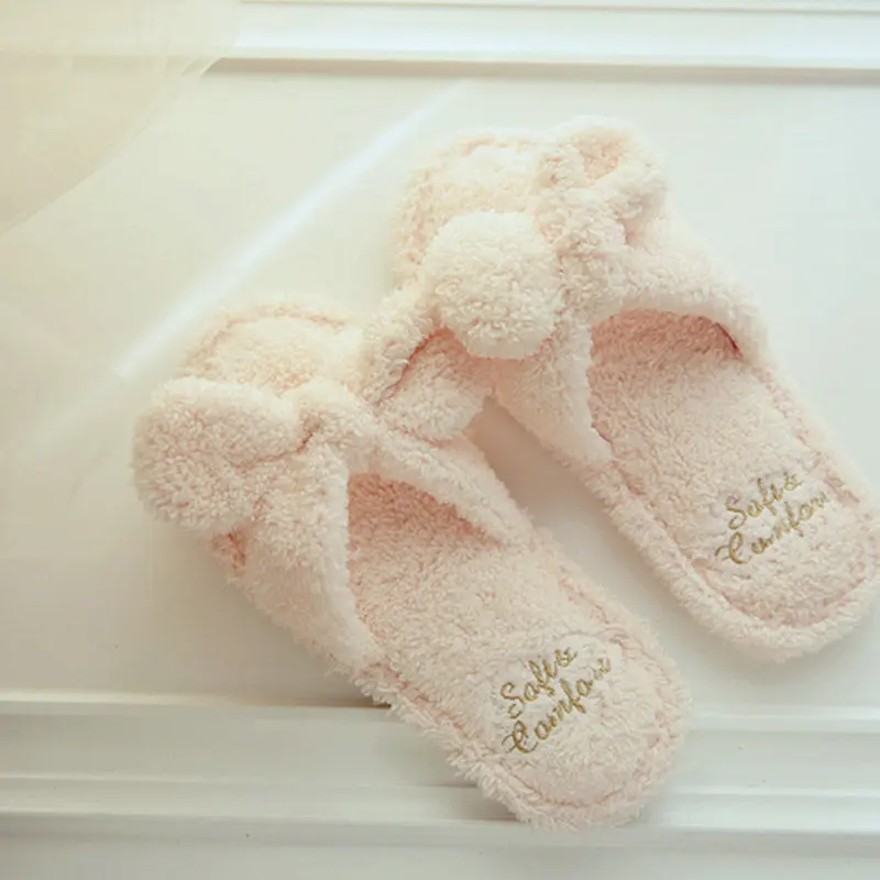 One Sies 36-38 Female Summer Big Bowknot Plush Slippers Indoor Floor Home Soft Sweet Wome 2colors Adult Guest Soes
