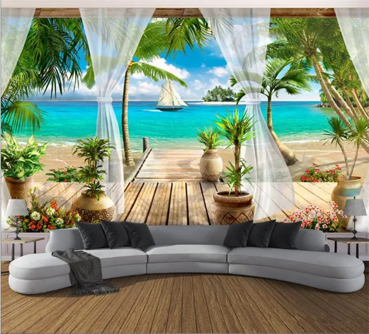 

Custom 3D Photo Wallpaper Balcony Sandy Beach Sea View 3D Living Room Sofa Bedroom TV Background Wall Mural Wallpaper Home Decor