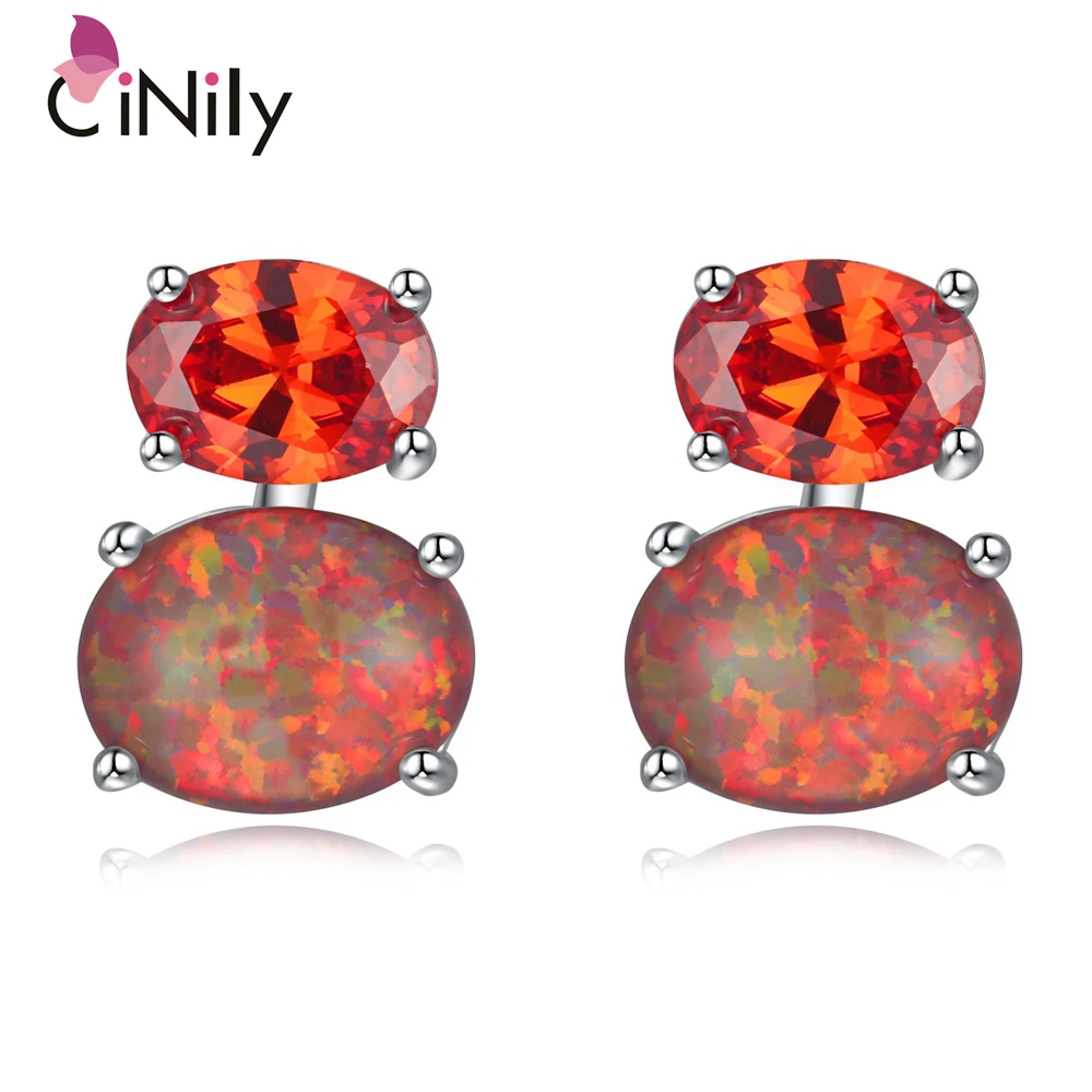 CiNily Orange & Green Fire Opal Stone Stud Earrings Silver Plated Red Garnet Mini Cute Summer Jewelry Best Gifts for Woman Girl