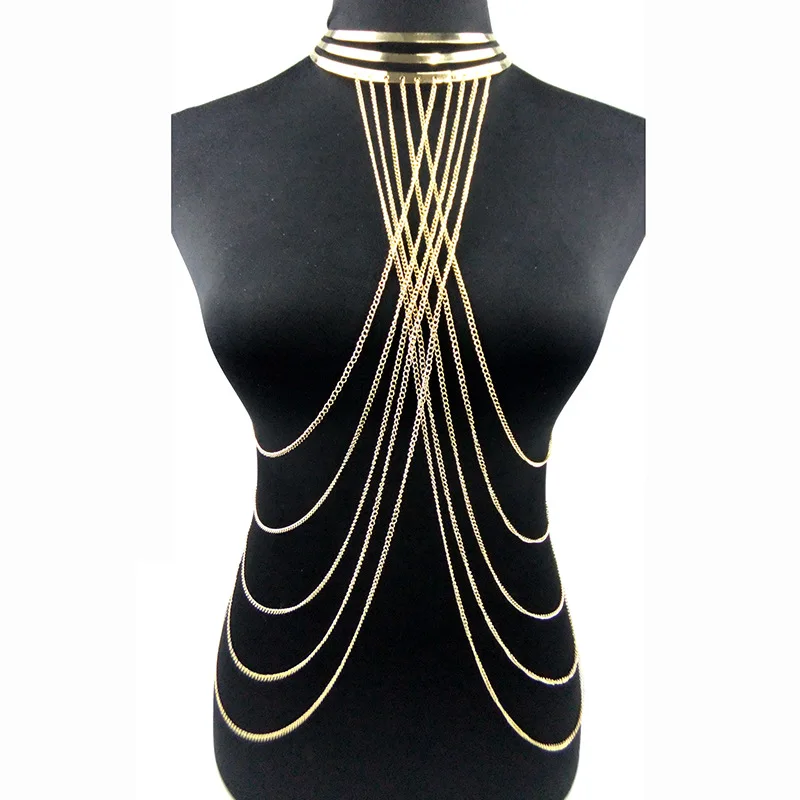 Sexy Multilayer Long Tassel Body Necklace Fashion Punk Golden Bikini Harness Big Torques Necklace Beach Jewelry for Women