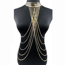 Sexy Multilayer Long Tassel Body Necklace Fashion Punk Golden Bikini Harness Big Torques Necklace Beach Jewelry for Women