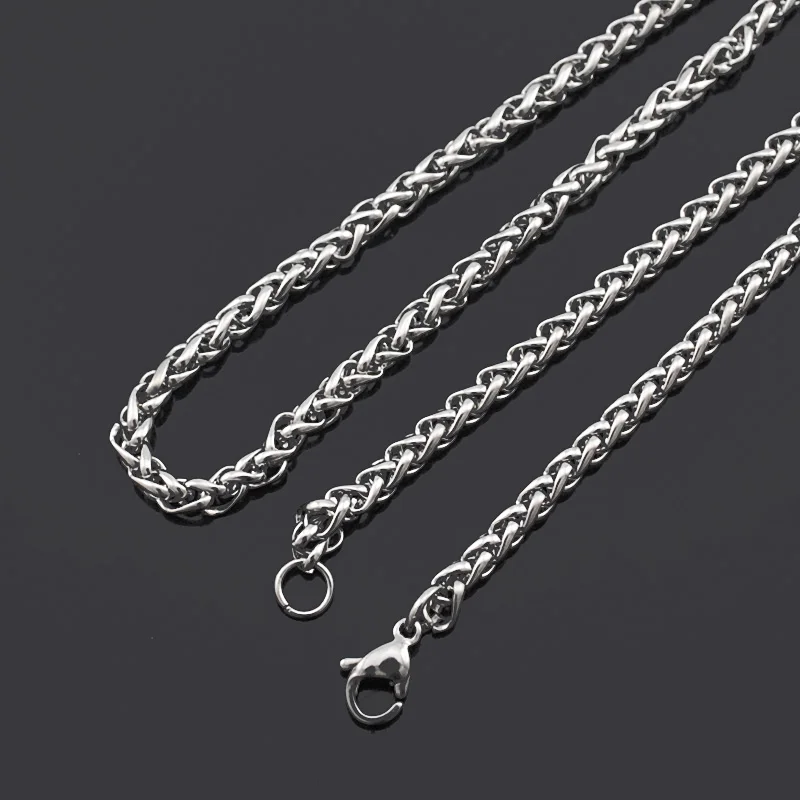 ATGO (40-70cm) to choose, 3mm wide,Men Necklace Stainless Steel Jewelry High Quanlity Braided Link Wheat Chain Necklace Women