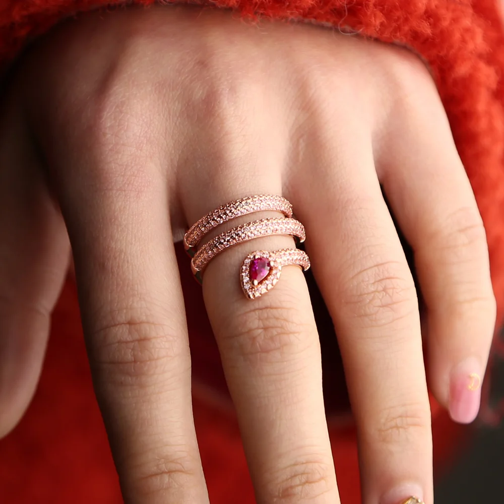 Multi wrap rose gold color pave pink cz pinky jewelry adjust Snake shape full finger ring for women